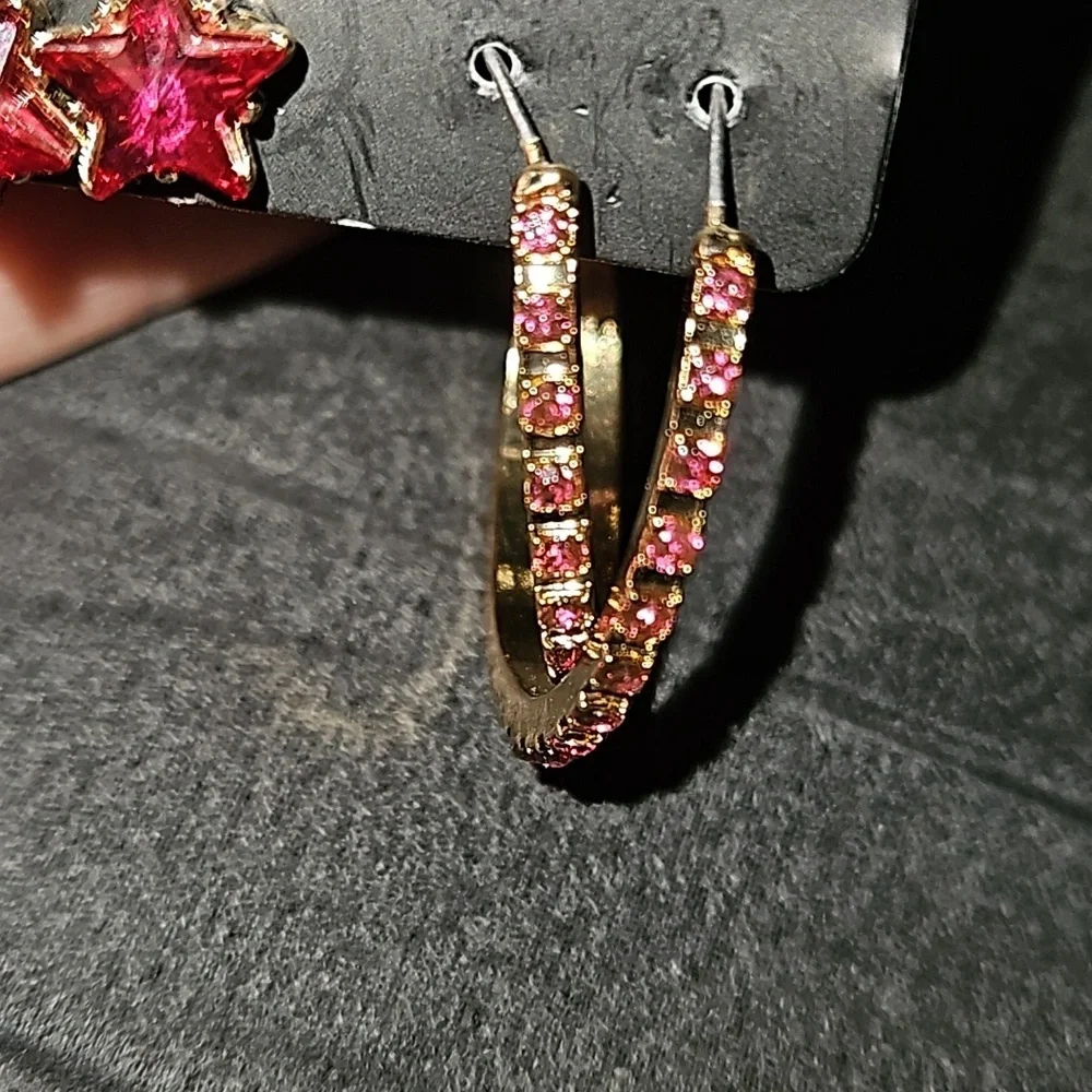 Forever 21 Juniors Pierced Gold Pink Heart Rhinestone Star Studs Hoops Earrings